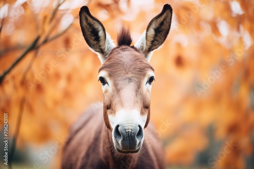 donkey with erect ears framed by autumn-colored leaves photo