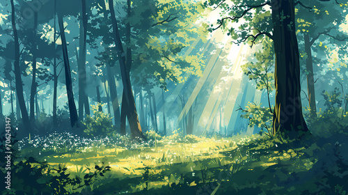 Enchanted Forest Illustration with Sunbeams