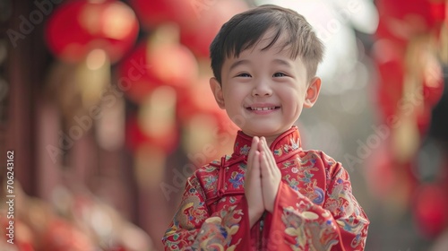 A Chinese boy wears the national costume or cheongsam with a red Chinese lantern in the background. Smile and wish you a Happy New Year.