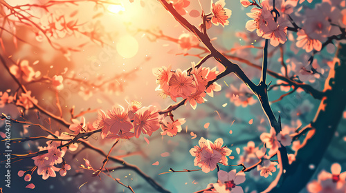 Digital Illustration of Cherry Blossoms in Sunset