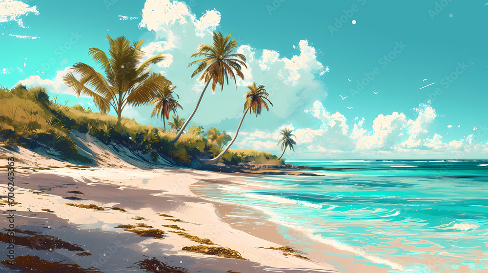 Tropical Beach with Palm Trees and Clear Sky
