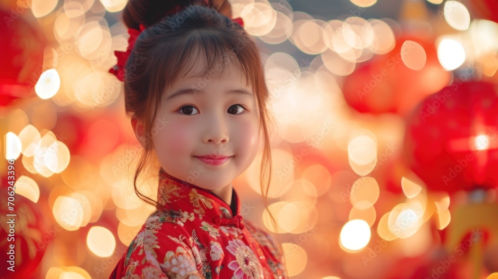 A Chinese girl wears the national costume or cheongsam on Chinese New Year with red Chinese lanterns in the background. A cute girl smiles and wishes you a Happy New Year A Chinese girl wears the national costume or cheongsam on Chinese New Year with red Chinese lanterns in the background. A cute girl smiles and wishes you a Happy New Year