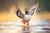 duck shaking off water droplets at sunrise