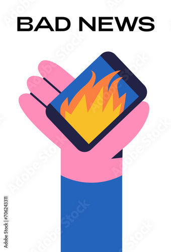 Hand with a phone on the screen with Bad News. Flat vector illustration.