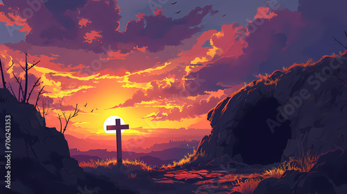 Illustration of Surreal Sunset over Empty Tomb