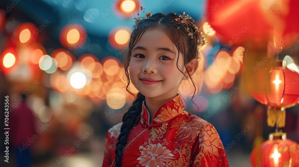 A Chinese girl wears the national costume or cheongsam on Chinese New Year with red Chinese lanterns in the background. A cute girl smiles and wishes you a Happy New Year A Chinese girl wears the national costume or cheongsam on Chinese New Year with red Chinese lanterns in the background. A cute girl smiles and wishes you a Happy New Year