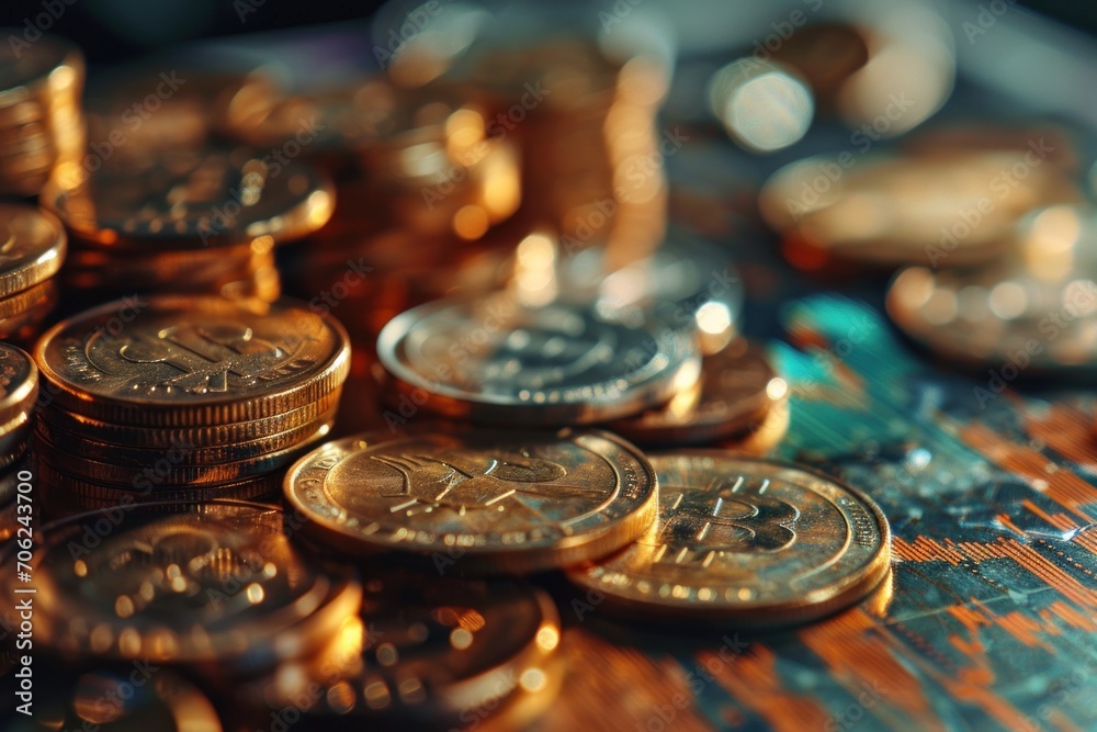 American coins or Bitcoin and dollar bills Business in the digital age and pile of gold coins concept For cryptocurrency businesses and digital payment systems around the world American coins or Bitcoin and dollar bills Business in the digital age and pile of gold coins concept For cryptocurrency businesses and digital payment systems around the world