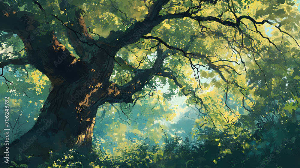 Enchanted Forest Illustration with Majestic Tree Enchanted Forest Illustration with Majestic Tree