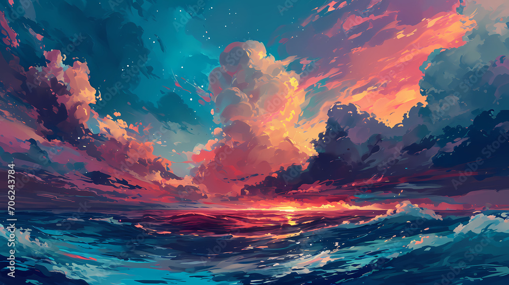 Stylized ocean sunset digital art