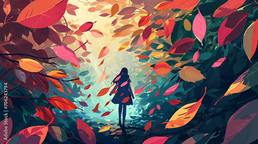 Girl in Autumn Forest Illustration