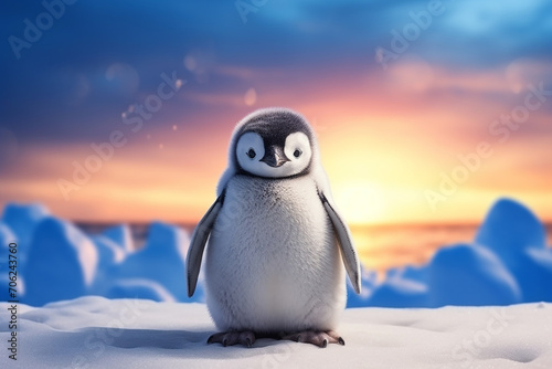 Generative AI Image of Cute Penguin Animal Standing on the Ice Polar at Sunset