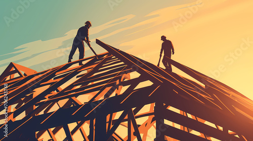 Silhouette of construction workers on roof at sunset
