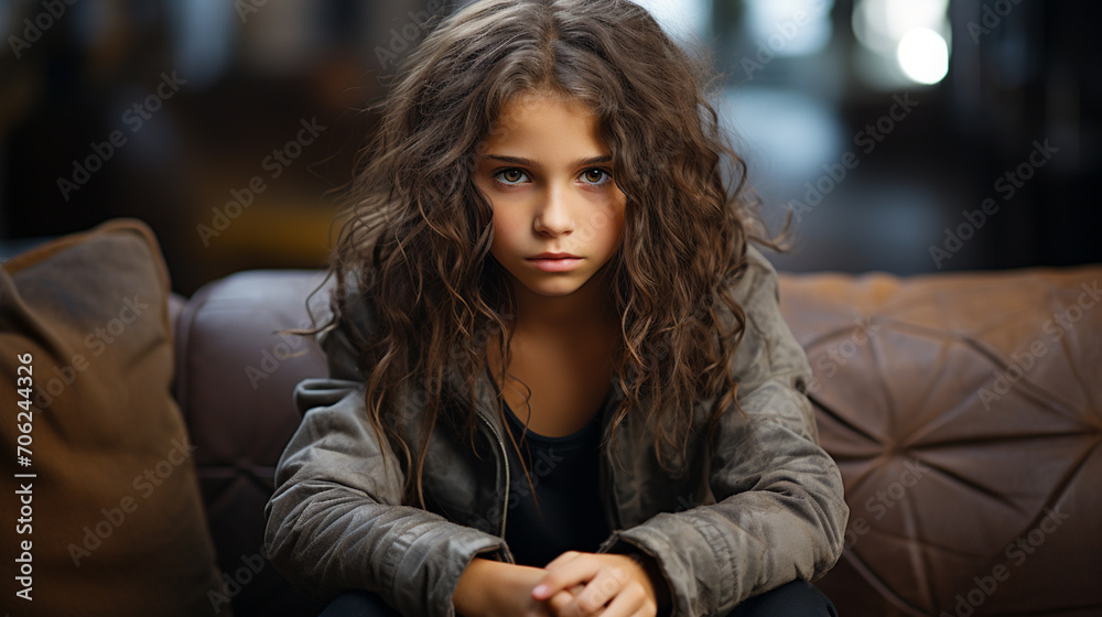 Frustrated, sad teenage girl sitting on sofa Frustrated, sad teenage girl sitting on sofa