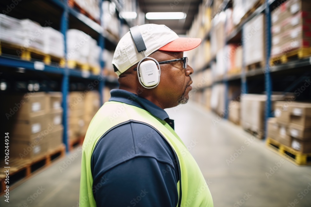 worker wearing a headset controlling warehouse climate worker wearing a headset controlling warehouse climate