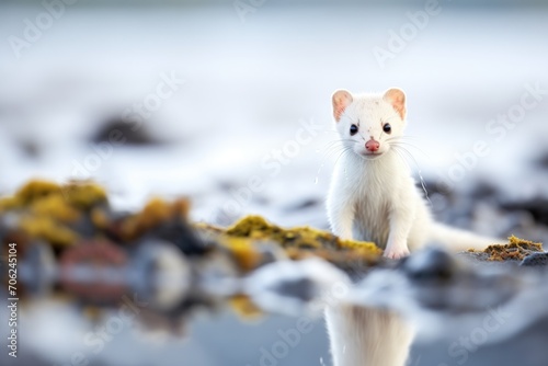 ermine navigating between icy patches photo