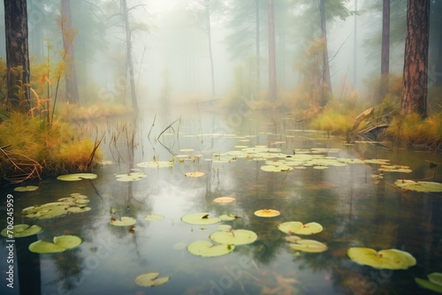 gloomy forest pond with a layer of water lilies