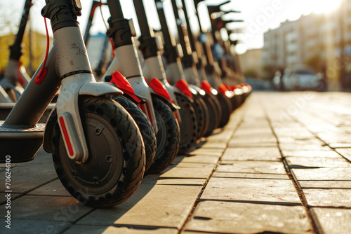 electric scooters in a parking lot in the city in summer close-up, perspective
