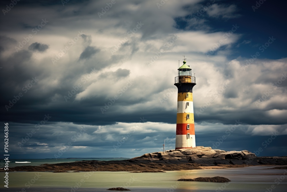 dark clouds looming over isolated lighthouse