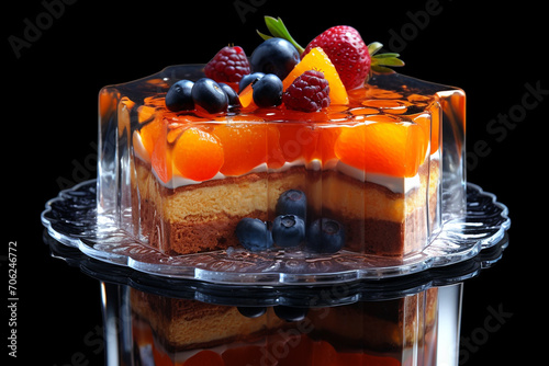 Food, dessert concept. Very beautiful and minimalist jelly cake with berries and fruits placed on glass plate in neutral background with copy space photo
