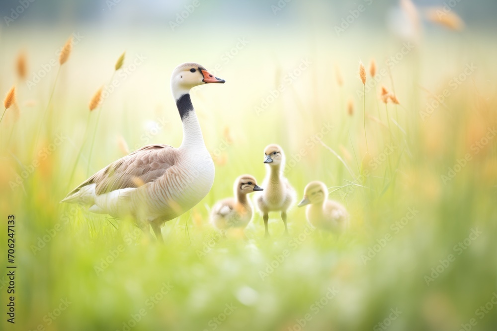 parent geese with chicks in meadow parent geese with chicks in meadow