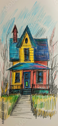 4 year old’s basic scribbly outline colourful crude juvenile crayon drawing of house on plain white paper Generative AI