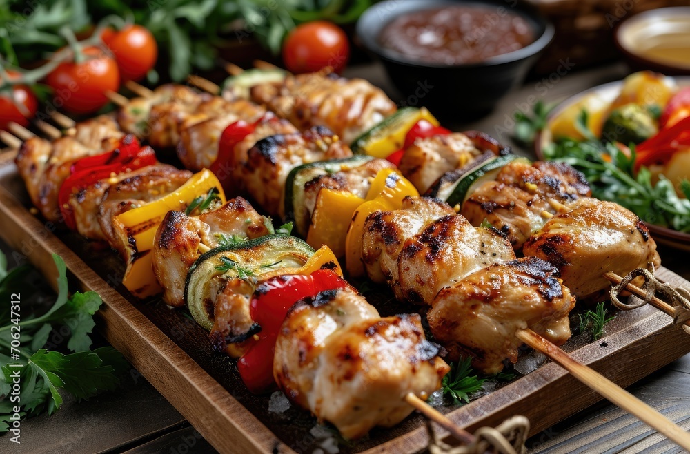 Grilled Chicken and Vegetable Skewers on Wooden Serving Board - Perfect for Summer Dining
