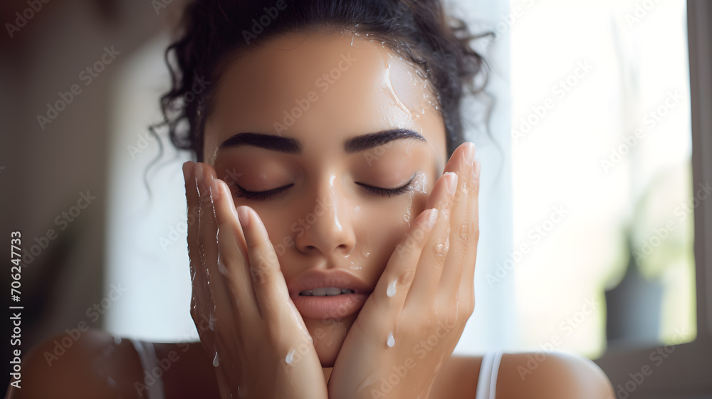 Portrait of young woman taking the first step of facial skin care. By washing your face thoroughly. - obrazy, fototapety, plakaty 