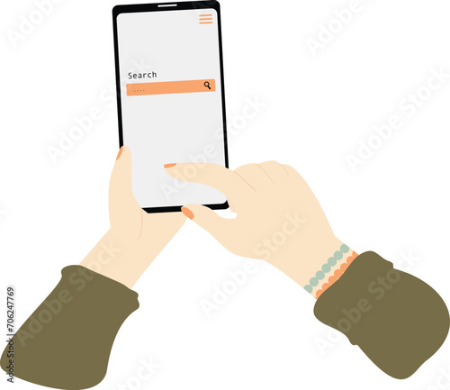 Hand holding a phone with search engine