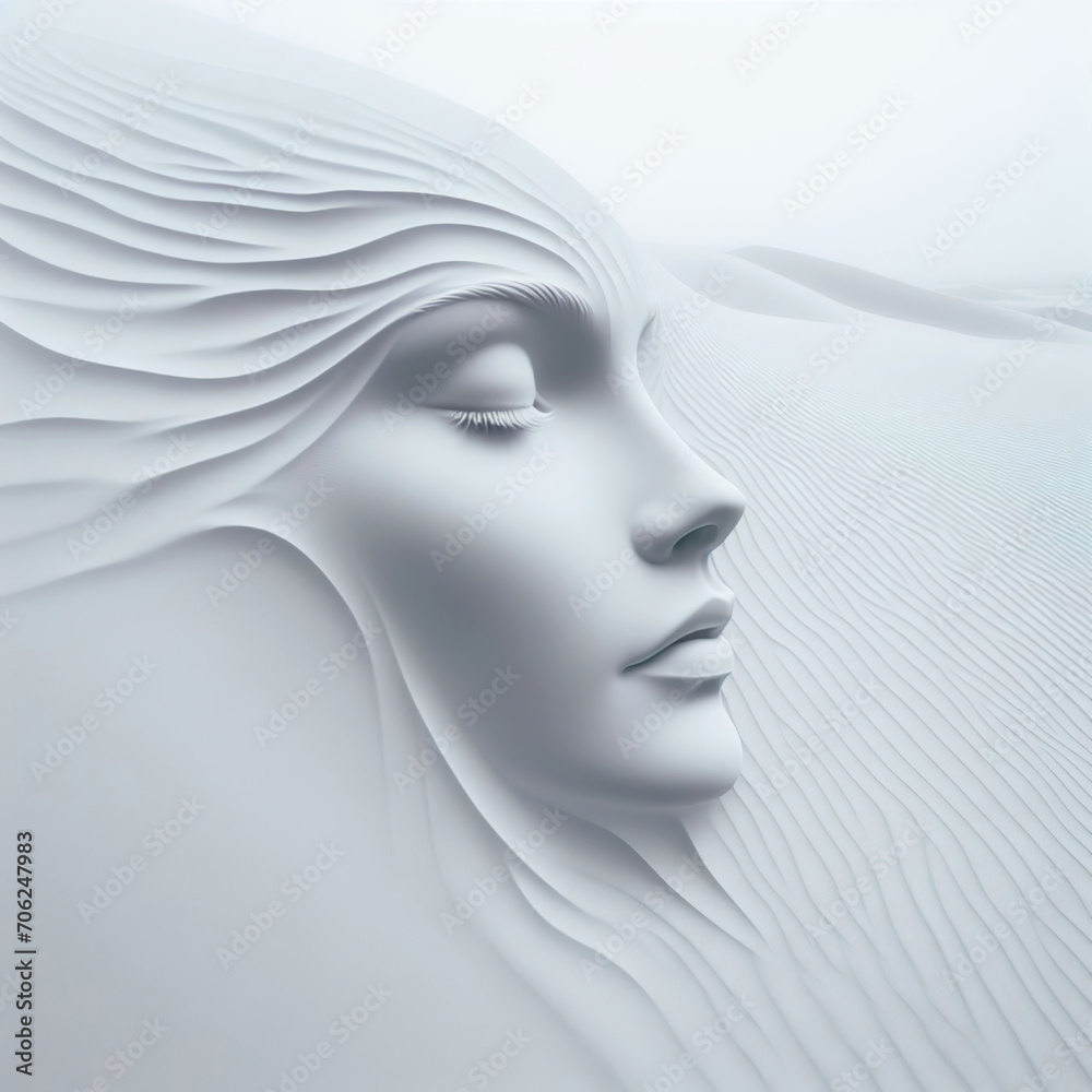 Delicate relief of a woman's face on white sand.