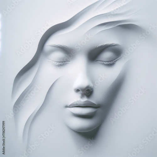 Delicate relief of a woman s face on white sand.