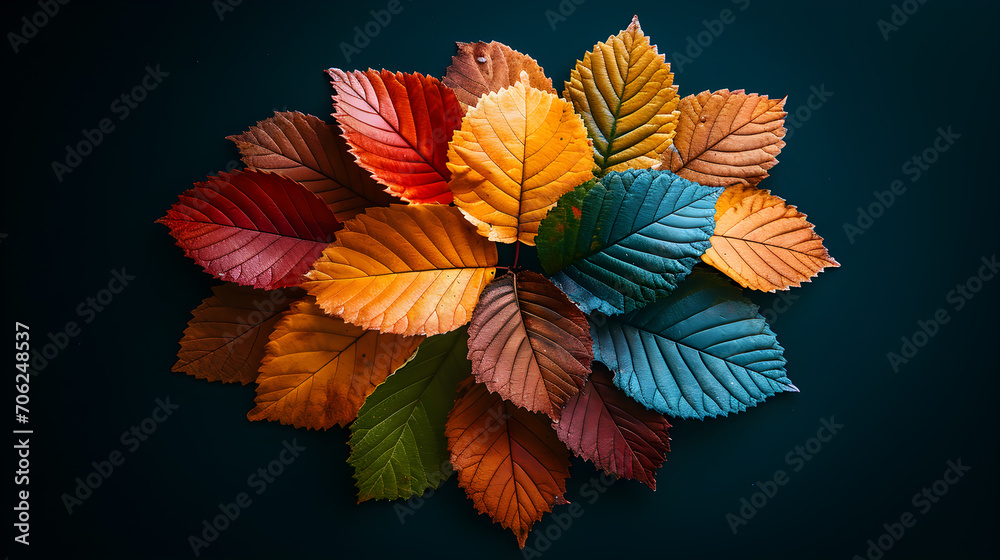 Colorful leaves spread out in large groups on black background, Colorful leaves spread out in large groups on black background,