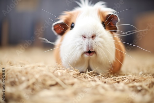 guinea pig with moist nose surrounded by dry hay