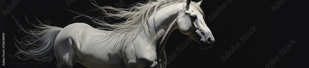 Fototapeta premium Wide view of a running beautiful white horse on a black background.
