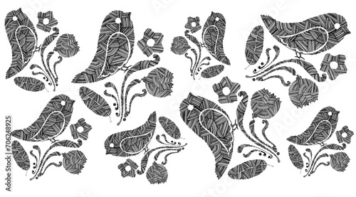 Wallpaper Mural Set of birds, flowers and decorative elements in black on white background. Doodle. Elements are filled with thin lines, strokes, and dots. Stylized images of birds in profile. Flowers, leaves, curls. Torontodigital.ca