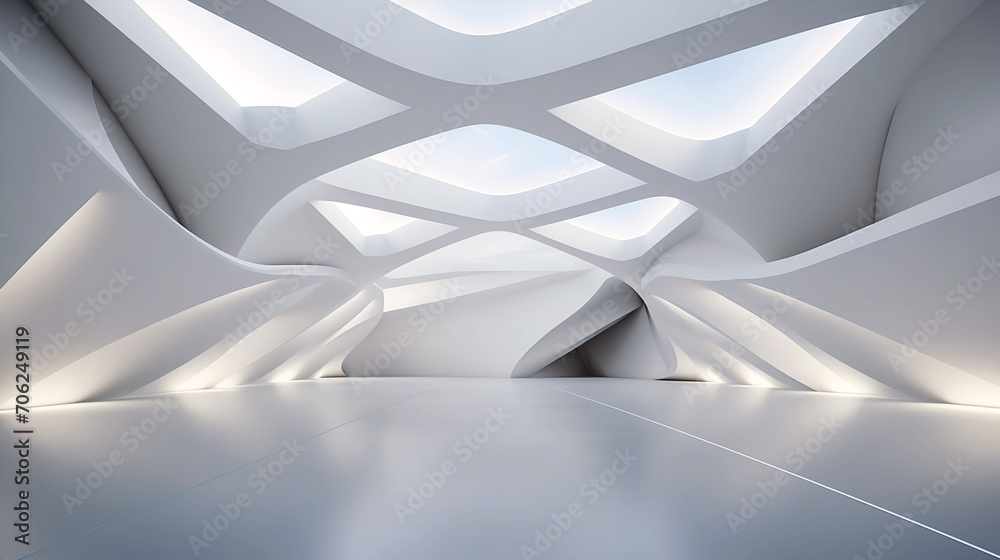 Empty beautiful background with interior for advertising and presentation design. Product promotion, selling goods on marketplaces and social networks. Architecture of the future, convex forms. - obrazy, fototapety, plakaty 
