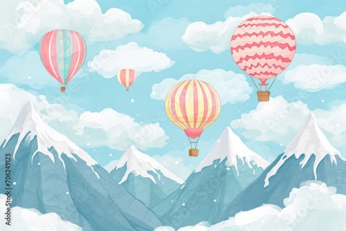 Clouds and striped hot air balloons against cloudy sky fly over mountains. Colorful handdrawn illustration