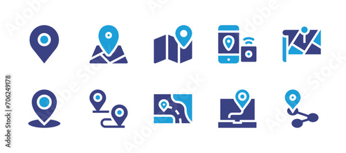 GPS icon set. Duotone color. Vector illustration. Containing map, smartphone, placeholder, map pointer, track, gps, location, route.