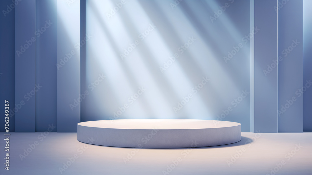Empty beautiful background with interior for advertising and presentation design. Image for selling goods on marketplaces. Volumetric podium, platform. Pastel colors, falling rays from the window.