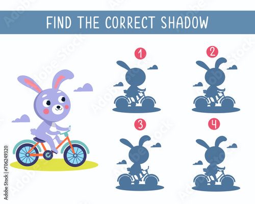 Find the right shadow. Game for children. Activity, vector kids illustration. Cute flat stylised cartoon hare on bicycle. 