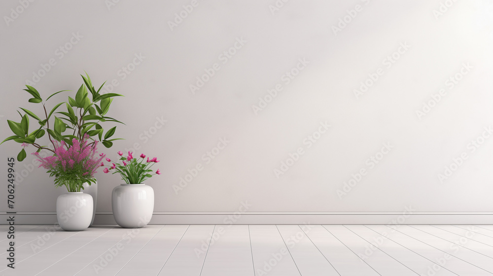 Empty beautiful background with interior for advertising and presentation design. Image for selling goods on marketplaces. Minimalistic light wall and floor. Plants and flowers.
