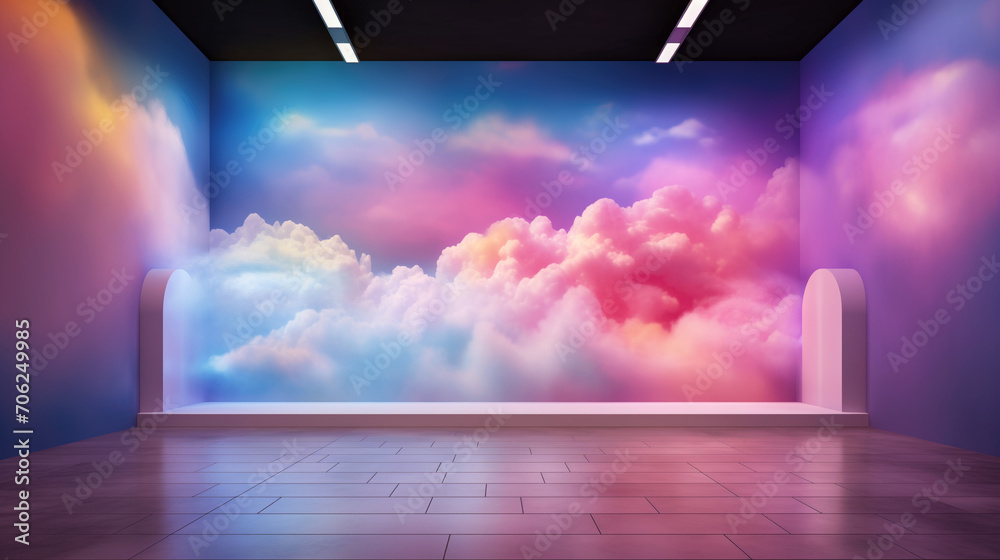 Empty beautiful background with interior for advertising and presentation design. Image for selling goods on the website and marketplaces. Epic volumetric clouds, neon lighting. Multicolored gradient.