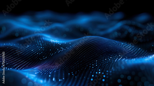 Blue energy flow in digital abstraction. Glowing particle waves in dark space create a futuristic landscape