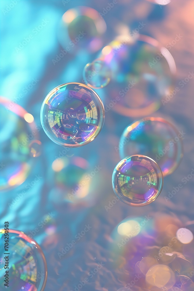 Macro shot bubbles flying on a holographic foil background minimalist photorealistic Macro shot bubbles flying on a holographic foil background minimalist photorealistic