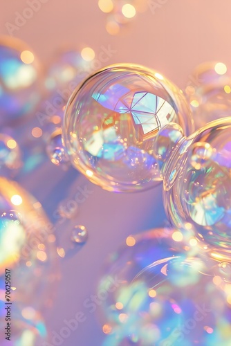Macro shot bubbles flying on a holographic foil background minimalist photorealistic