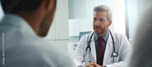Doctor  male patient and conversation in an office for medical exam results or consultation in a hospital. Confident  man and serious discussion about health  insurance or treatment for illness