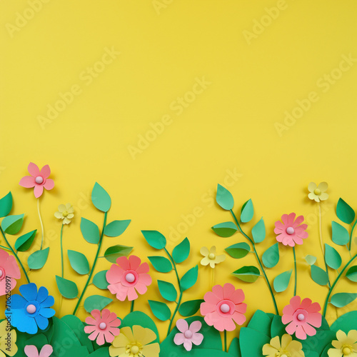 Top view of colorful paper cut flowers on colorful background with copy space.