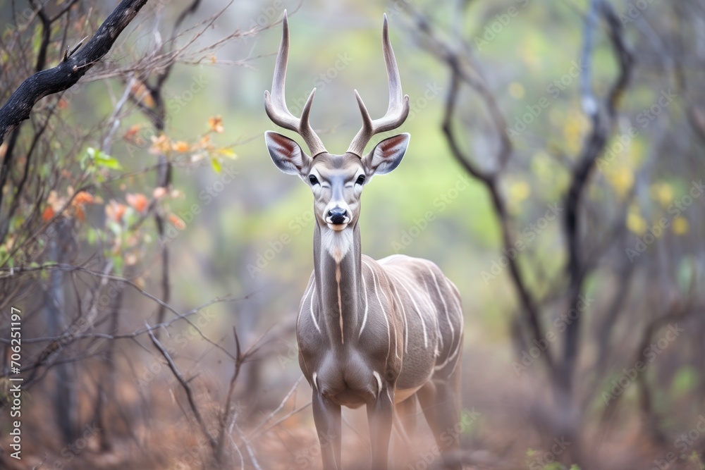 Naklejka premium kudu bull standing alert in dense bush