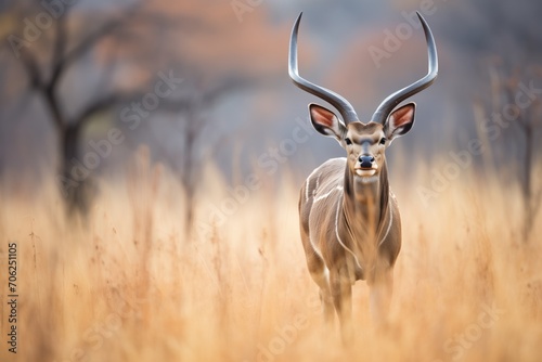 kudu walking through a golden grassland © primopiano