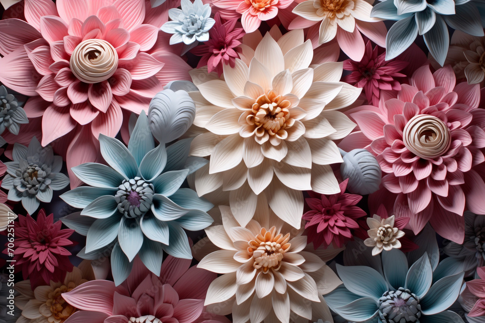 Plants and flowers, Mother's Day, International Women's Day concept. Composition of many colorful flower blossoms illustration background and pattern with copy space Plants and flowers, Mother's Day, International Women's Day concept. Composition of many colorful flower blossoms illustration background and pattern with copy space