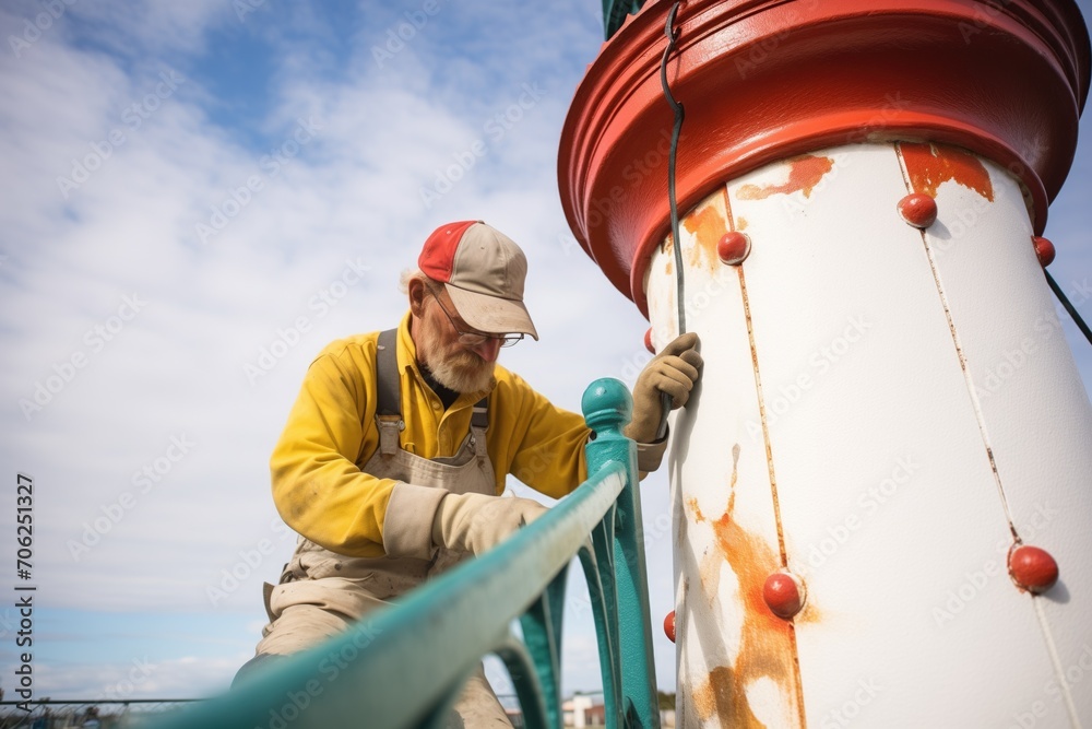 Fototapeta premium worker repainting a rusted lighthouse railing